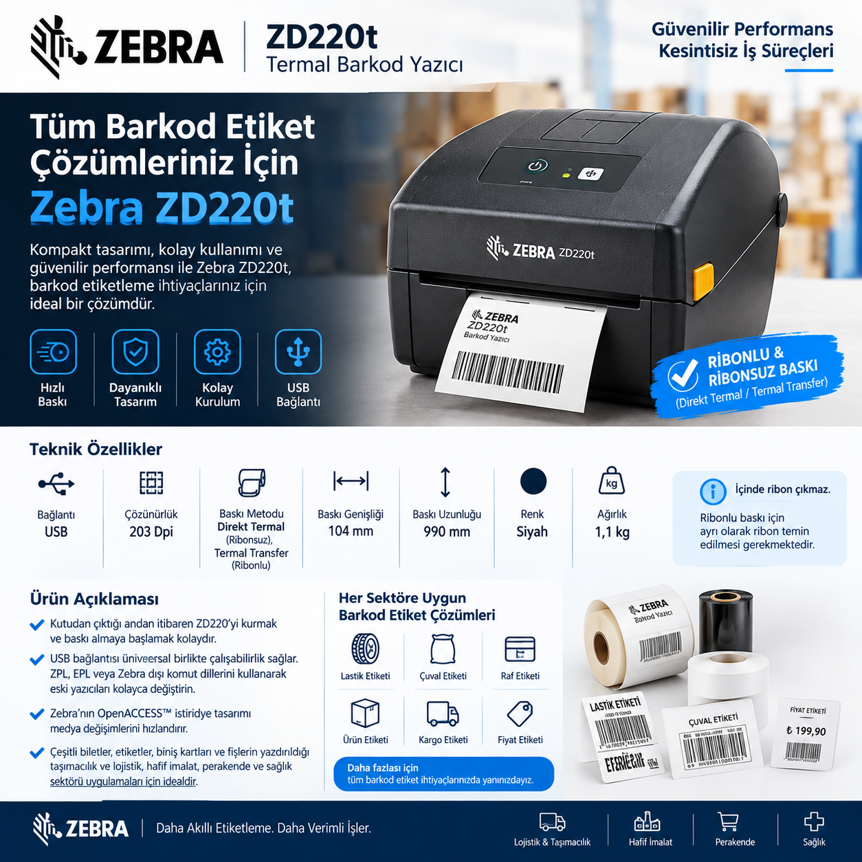 Zebra ZD220T USB Termal Barkod & Etiket Yazıcı - Görsel 7